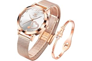 OLEVS Zegarek damski różowe złoto z sercem diament czarny biała twarz kwarcowy wodoszczelny bransoletka zestaw bransoletek zegarek na rękę dla kobiet, biały