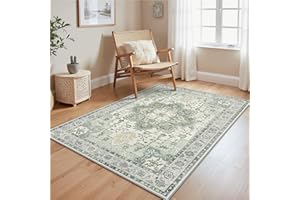 GENIMO Tapis Vintage pour Salon 120x170 cm, Lavables avec Dos Antidérapant, à Poils Courts pour Cuisine, Salle à Manger, Bureau et Chambre,Vert