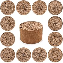 12-Pack Mandala Cork Coasters With Holder - Absorbent Round Drink Coasters For Tables, Housewarming Gift