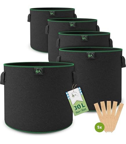 HG Power Pflanzsack 20L  15L 33% Mehrvolumen , 5 Stück Stofftopf Inkl 20m Pflanzendraht, O30cm, Hoehe 30cm 350g,m2 Vliesstoff, Reissfest, Ideal Fuer Paprika Auberginen Karotten Rote Beete 4750106587
