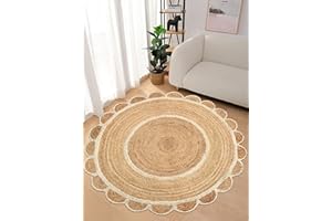 The Home Talk Scalloped Jute Round Rug - Natural Fiber Scallop Rug Rustic Vintage Braided Handwoven Indoor Carpet for Entryway/Kitchen/Frontdoor (Natural & White, 120 cm Diameter)