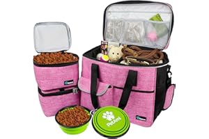 PetAmi Dog Travel Bag | Airline Approved Tote Organizer with Multi-Function Pockets, Food Container Bag and Collapsible Bowl | Perfect Weekend Pet Travel Set for Dog, Cat (Pink, Large)