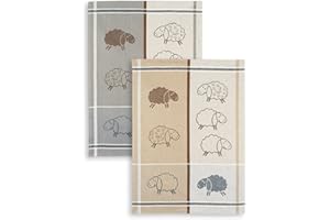 KRACHT SEIT 1810 2-er Set, Jacquard Geschirrtuch, KRACHT, Halbleinen, Schafe, beige/grau, Format 50x70cm