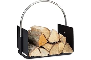 ‎RELAXDAYS Relaxdays Kosz na drewno kominkowe, metal, niklowany uchwyt, kosz na drewno opałowe wewnątrz, drewniany nośnik, wys. x szer. x gł. 43,5 x 40,5 x 30 cm, czarny