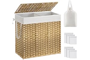 SONGMICS Panier à Linge avec Couvercle, Corbeille 130L, 2 Compartiments, Sacs Amovibles, Poignées, Tressé à la Main, pour Chambre, Buanderie, Salle de Bain, 33 x 66 x 60 cm, Couleur Boisée LCB253N01