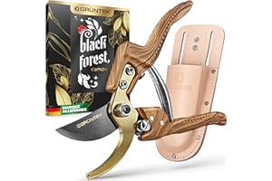 GRÜNTEK Sécateur de Jardin avec Étui en Cuir Véritable. Outil de Jardin professionnel. Idée Cadeaux Homme. Poignée Ergonomique en Design Bois Naturel. Sécateur Black Forest édition