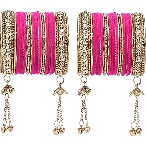 ZENEME Gold-Plated Matte Finish Velvet American Diamond Studded Gold Pearl Tasselled Bangles Set Of 56 For Girls and Women