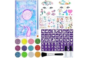 Lubibi Kit de Tatuajes Purpurina Temporales Glitter, 12 Colores 57 Plantillas,Sirena Mariposa, Regalos para Niños Adultos Fiesta Regalos