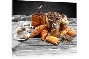 Pixxprint Aromatischer Kaffee mit Croissant als Leinwandbild/Größe: 100x70 cm/Wandbild/Kunstdruck/fertig bespannt