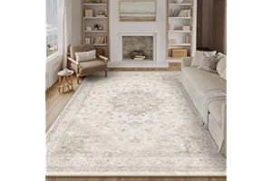 PureCozy Vintage Washable Beige Rugs Living Room Area Rug 200x300cm Bedroom Large Non Slip Soft Carpet Kitchen Bedroom Dining Room Office Indoor Low Pile Carpets