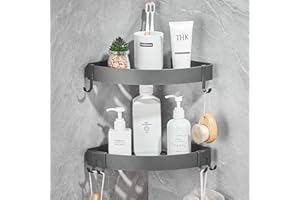 FIISAYL Estanteria Baño Esquina, Estantería Ducha sin Taladro Estante Repisas para Baño Pared Baldas con 4 Ganchos Espacio de Viaje Aluminio Montaje en Pared Gris, 2 unidades