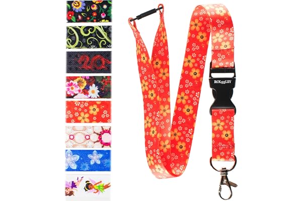 RolSeley Courroie de Cou de Lanière Rouge avec Motif Fleur Jaune Floral - Tour de Cou porte Badge avec Clip Métal Amovible et Clip de Sécurité Idéale Pour Les Clés de Badge D'identification