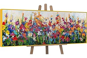 YS-Art Abstrakt Acryl Gemälde auf Leinwand Wirbelwind der Feldfarben handgemalt Wandbilder Wohnzimmer modern Wohndekor Bild Blumen Weide echte Kunst 150x50 cm