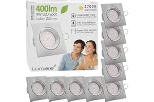 Lumare LED Einbaustrahler 4W | 2700K | IP44 Wasserdicht | 9er Set Eckig Silber | Ø75mm Bohrloch | Extra Flach 27mm Einbautiefe | Spot für Wohnzimmer, Badezimmer | LED Spots 230V - Warmweiß