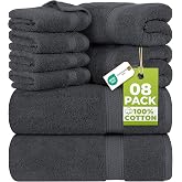 Utopia Towels - 8 Piece Full Bath Towel Set (Grey) | 8 piece set includes 2 bath towels, 2 hand towels and 4 washbasins. Soft