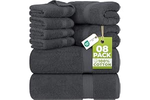 Utopia Towels - Lot de 8 Serviettes en Coton avec Crochet de Suspension – 2 Serviettes de Bain, 2 Serviettes et 4 Serviettes de Toilette – (Gris)