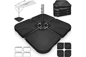 tillvex® Lestage & Dalles Carrées pour Parasol Déporté – Pied de Parasol 60 litres / 80 kg, 4 Pièces avec Connecteur Métallique | Base Remplissable avec Eau ou Sable | Support de Parasol (Noir)