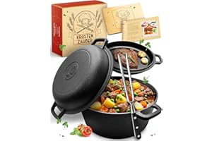 KRUSTENZAUBER Pentola in ghisa [con forchetta per carne] – robusta teglia in ghisa da 26 cm con coperchio, adatta al forno – ideale come pentola a induzione, forno olandese, Cast Iron Pot, pentola