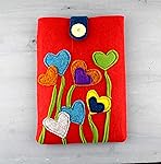 Custodia per Tablet, IPAD in feltro rosso con applicazioni a fiori - cuori colorati - PERSONALIZZA LE DIMENSIONI