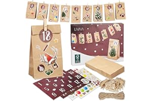 ‎LIVAIA LIVAIA Adventskalender 2025 Frauen, Männer und Kinder: DIY Set zum Befüllen mit kleinen Geschenken - 24 bedruckte Papiertüten, Holzklammern, Adventskalender Tee Aufkleber - Ideal für Geschenke