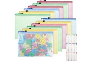 CHEPULA 12Pcs Plastic Wallets with Labels, A4 Zip Lock Folders, Waterproof Mesh Document Bag for School Office Travel, Colorful Zipper Pouch Pocket for Bill Luggage Homework Jigsaw Storage