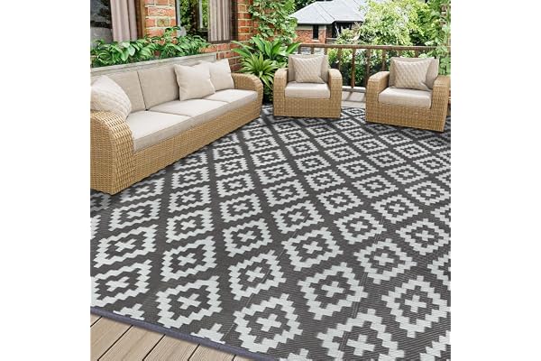 Homcomodar Tapis d'extérieur Réversible 180x270cm Tapis Paille de Plastique Recyclé Résistant Tapis Extérieur aux UV pour Terrasse Plage Barbecue Pique Nique Terrasse Balcon,Gris