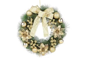 Gukasxi Corona de Navidad de 40 cm para Puerta Delantera, Guirnalda de Navidad Artificial Colgante con Bayas y Lazo de Bola de Navidad Dorada, Corona Decorativa del hogar