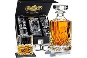 Whisiskey - Decantador de Whisky - Jarra de Whisky - Classic - 800ml - Regalo Hombre - Cubitos Hielo Reutilizables - Regalos Originales para Hombre - 4 Vasos de Whisky, 4 Piedras de Whisky y Posavasos