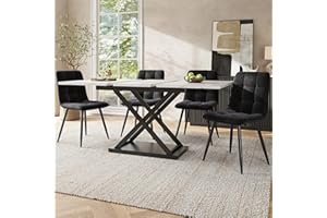 Gxffipw Essgruppe Ausziehbarer Esstisch mit 4 Stühlen Set für 4 Personen, Esszimmertisch mit Eisenbeinen, Weiß Esstisch 160×80×75 cm mit Schwarz Samt Esszimmerstühle, Küchenmöbel, Esszimmermöbel