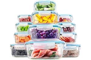 KICHLY - Recipientes De Vidrio Para Alimentos - Paquete De 12 Recipientes Herméticos Para Alimentos Con Tapas Transparentes - Aptos Para Lavavajillas Y Microondas, Sin BPA