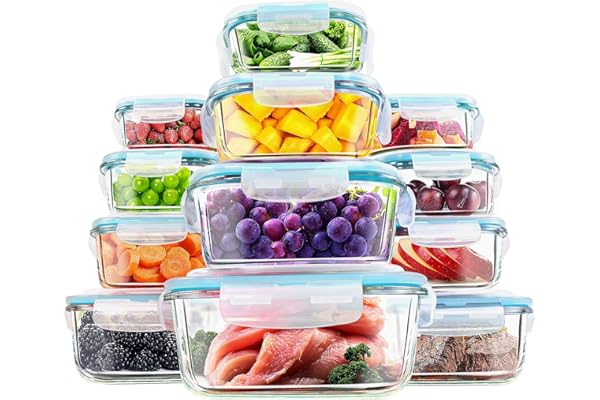 KICHLY - Recipientes De Vidrio Para Alimentos - Paquete De 12 Recipientes Herméticos Para Alimentos Con Tapas Transparentes - Aptos Para Lavavajillas Y Microondas, Sin BPA