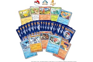Platzmangel Pokemon Kartenset 50 Verschiedene Pokemon Karten, inkl. 5 Holo/Reverseholo Karten, eine zufälliges Schiggy-, Bisasam-, Glumanda-, Evoli-, oder Pikachu, inkl Sticker (5 Holo (50 Karten)