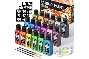 Shuttle Art Peinture Textile Métallisée, 18 Couleurs Métalliques,Peinture Tissu Textile Permanente en Bouteille (60ml/2oz) avec Pinceaux et Pochoirs,Non toxique pour T-shirts,Chaussures et Bricolage