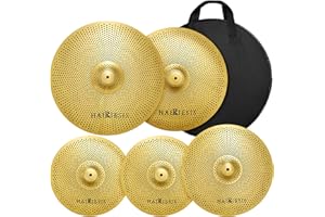 HAIRIESIS Leises Becken-Set mit niedrigem Volumen, 70 % – 80 % Becken-Set, 35,6 cm Hi-Hat, 40,6 cm Crash, 45,7 cm Ride, 5 Stück goldene Schlagzeug-Übungs-Becken