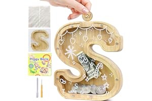 Mikytoper Money Box for Kids, Wooden Letter Piggy Banks for Kids, Personalized Money Box Clear Money Bank, Boys Girls Toddler Birthday Festival Gift (S)