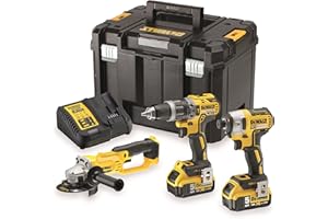 DEWALT - Kit 3 outils Perceuse Visseuse à percussion, Meuleuse et Visseuse à chocs, 2x 5Ah batterie, 18V, DCK383P2T-QW