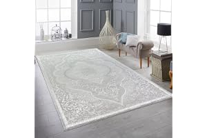 Orient Design hög-låg effekt kontursnitt matta dekorerad silver glänsande, 200 x 290 cm