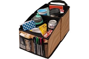 Lusso Gear Car Seat Organiser with Cup Holders for Front, Back, Passenger Seats, Truck and Van, 9 Car Storage Compartments for Travel Organization of Trunk, Seats, Mobile Office (Tan)