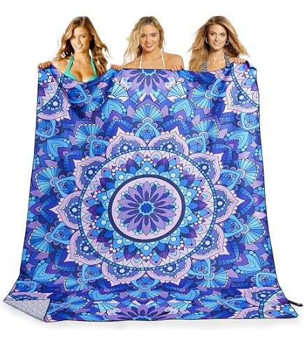 Sunlit Couverture de Plage bohème Douce et Soyeuse, Tapis Anti-Sable avec Poches d'Angle et Sac en Maille, pour fête de Plage, Voyages, Camping - Mandala Bleu Violet et Vert d'eau, 270 x