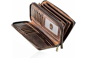 MATADOR Portemonnaie Damen Leder #Madrid mit Edle Geschenk Box, Eleganter Geldbeutel mit RFID Blocker, Luxus Frauen Portmonee Viele Kartenfächer in Hunter Braun