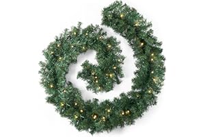 VIVO TECHNOLOGIES 2.7m LED Pre-Lit Christmas Garland Decorations, 9FT Green Garland Illuminated with 30 Warm LED Lights, Garland Artificial Greenery Holiday Decor for Indoor Outdoor
