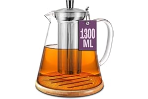 Cosumy Teekanne Glas mit Edelstahl Siebeinsatz 1,3 L - Mit Untersetzer - Hitzebeständig - Hält lange warm - Spülmaschinenfest