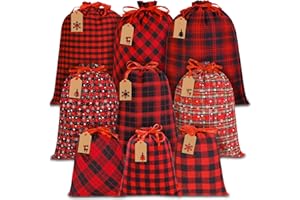 DTYDECLE 9Pcs Christmas Drawstring Gift Bags, Reusable Buffalo Plaid Christmas Drawstring Wrapping Bags Small Medium Large Xmas Fabric Sacks Pouches with Kraft Tags for Xmas Party Supplies