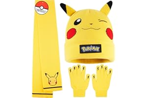 POKÉMON Pokemon Gloves, Scarf & Beanie Hat Set for Kids 8-10 Years, 3 Pcs Soft Knit Pikachu Winter Accessories, Anime Gifts for Boys