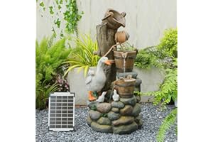 BUMILGAR Solar-Wasserbrunnen für den Garten, 81 cm 3-stufiger Wasserfall aus Fässern mit Entenherdeund mit LED Beleuchtung Für Garten, Terrasse, Hinterhof, Veranda und Wohnraumgestaltung