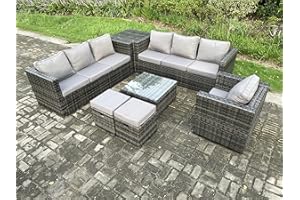 FMSGarden 9 Seater Rattan Garden Furniture Sofa Set with Armchair Side Table Square Coffee Table 2 Small Footstools Indoor Side Table Outdoor Rattan Set Dark Grey Mixed