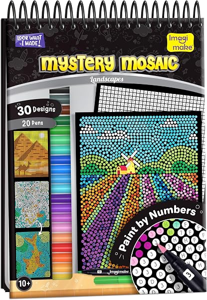Imagimake Mystery Mosaic Landscapes | Paint by Numbers Kit | Age 10+ | Pixel-art paint by numbers: 30 landscape sheets & 20 matched sketch pens; reveal hidden s