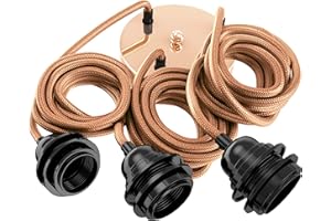 Hoopzi - Câble Suspension Luminaire Cuivre - Fil Electrique en Tissu 2,5m - 3 x Ampoules Douille E27 - Pour Salon, Cuisine, Chambre - Modèle Hang 3