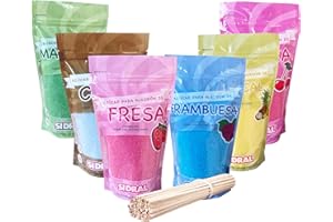 SIDRAL-Zucchero per Zucchero Filato (6x250 gr) - Set di 6 Gusti (Fragola / Cola / Ciliegia/ Lampone/Mela / Marshmallow / Tropicale) - Aromi e Colori Naturali - 20 Bastoncini -