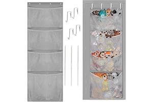 RZMAYIS Stuffed Animal Storage, Over The Door Organizer Storage for Closet, Baby, Plush Toy, Stuffed Animal Holder with 4 Large Pockets, Hanging Door Organizer for Nursery, Bedroom, Bathroom, Kids Room (Grey)